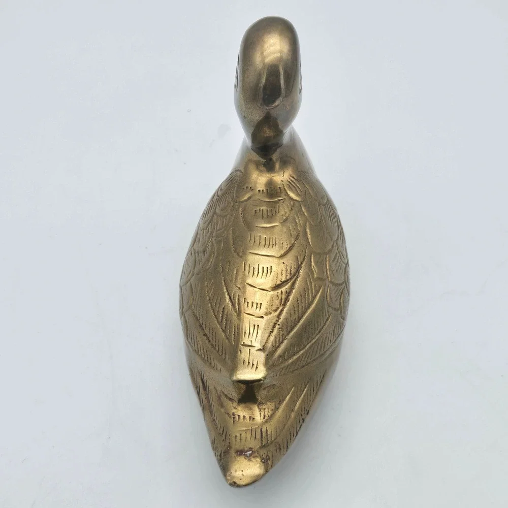 Vintage Solid Brass Duck Figurine Sculpture Detailed Feathers Warm Patina 6.5